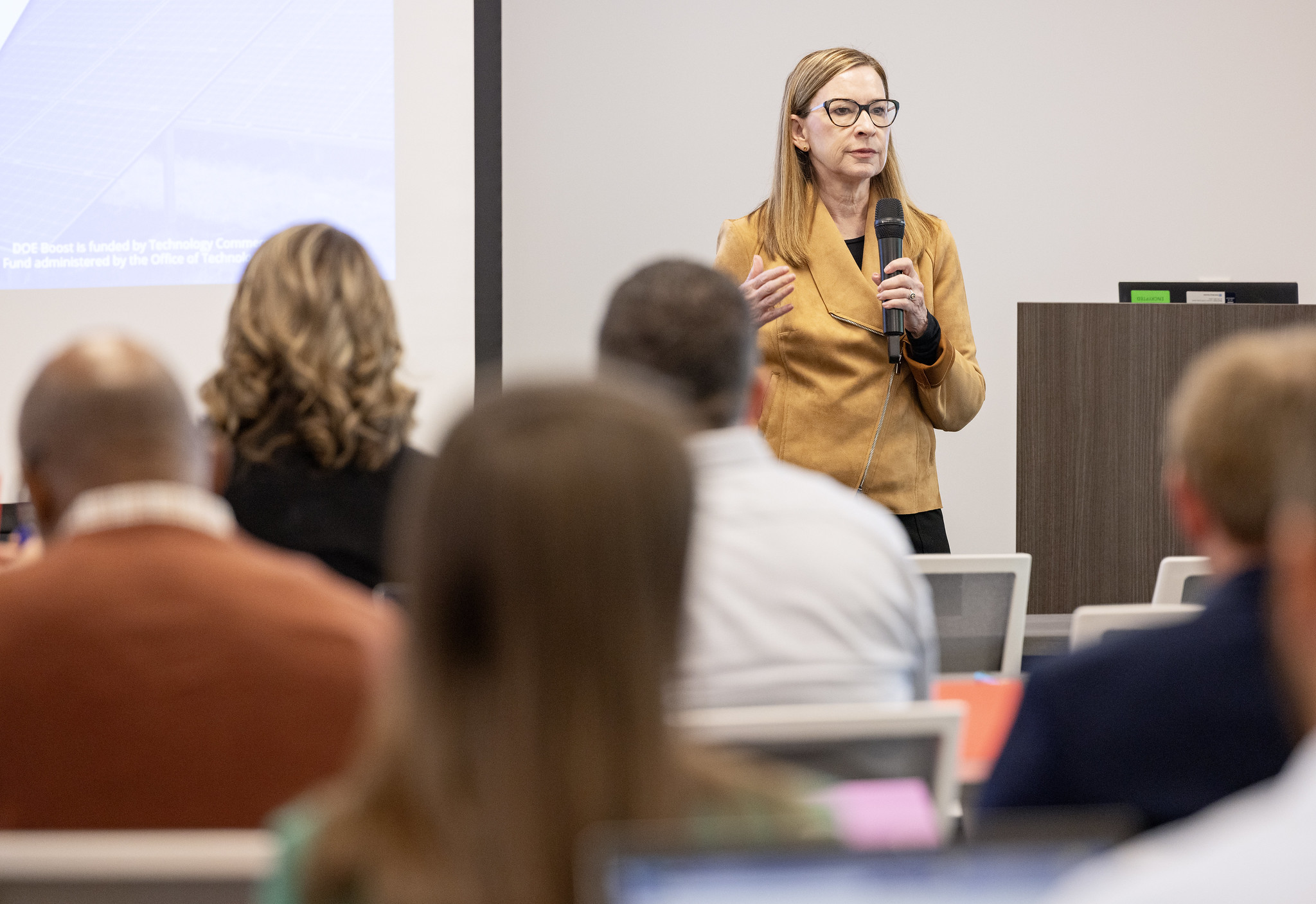 Sandia National Laboratories Senior Manager for Technology Partnerships and Business Development Mary Monson chats with the crowd during the Department of Energy (DOE) Boost Platform Workshop in Newport News, Va., on Thursday, April 25, 2024.